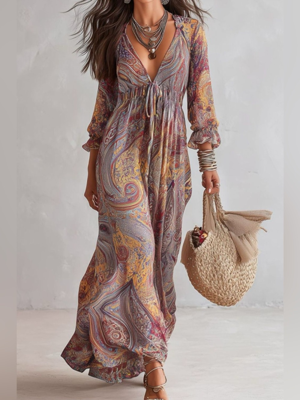Paisley Print V-Neck Long Sleeve Maxi Dress